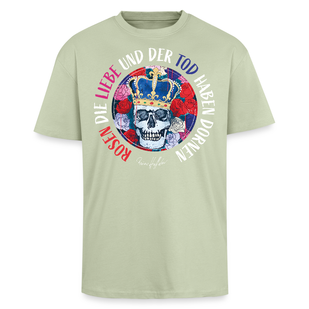Heavy Oversize T-Shirt mit ROSEN DIE LIEBE UND DER TOD HABEN DORNEN PRINT - Leichtes Salbeigrün