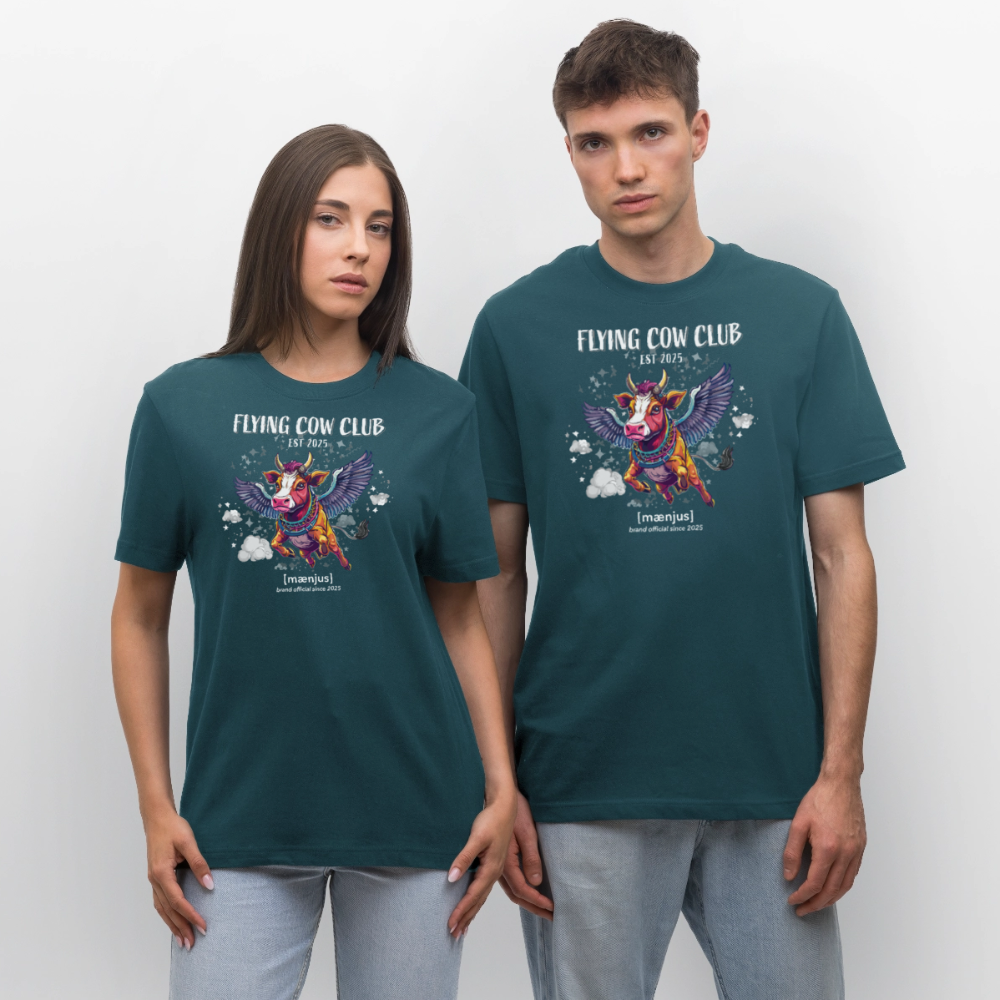 Unisex Bio-T-Shirt mit FLYING COW CLUB PRINT Vorderseite - Dunkles Petrol