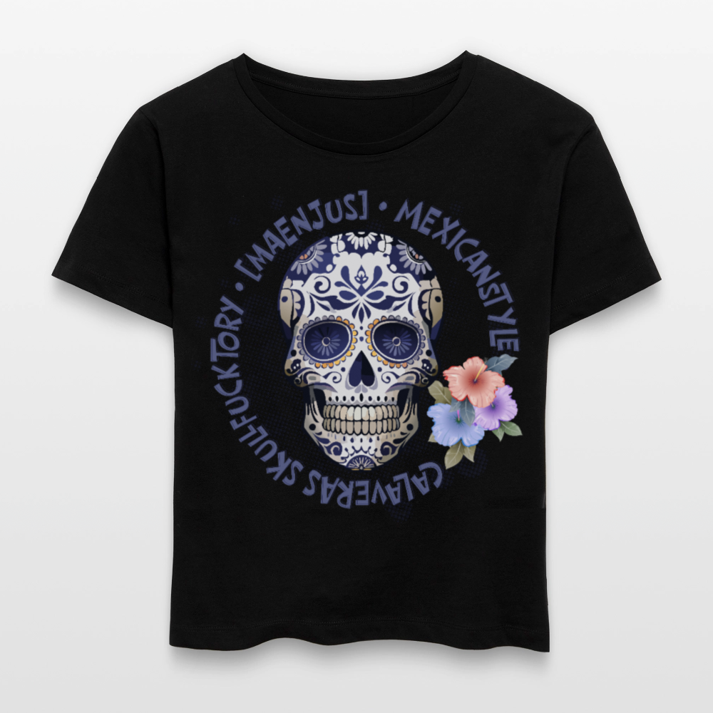 Rundhals Frauen Bio-T-Shirt mit MAENJUS MEXICANSTYLE PRINT Vorderseite - Schwarz