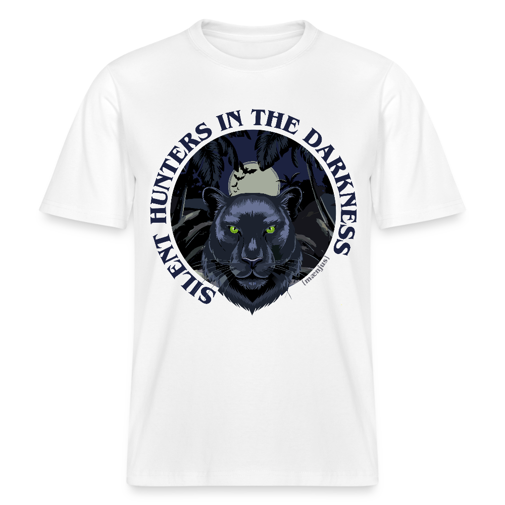 Relaxed Fit Unisex Bio-T-Shirt mit SILENT HUNTERS IN THE DARKNESS PRINT Vorderseite - Weiß