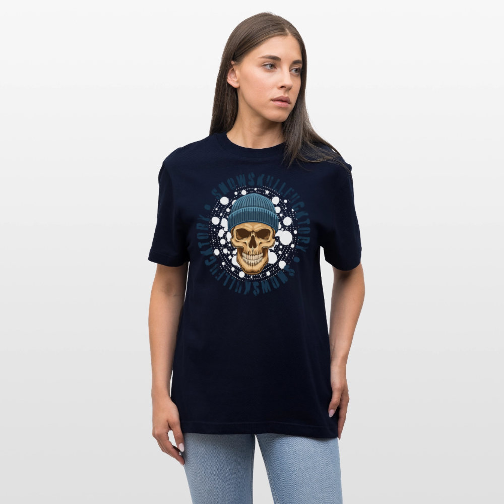 Relaxed Fit Unisex Bio-T-Shirt mit SNOWSKULL FUCKTORY PRINT Vorderseite - Navy