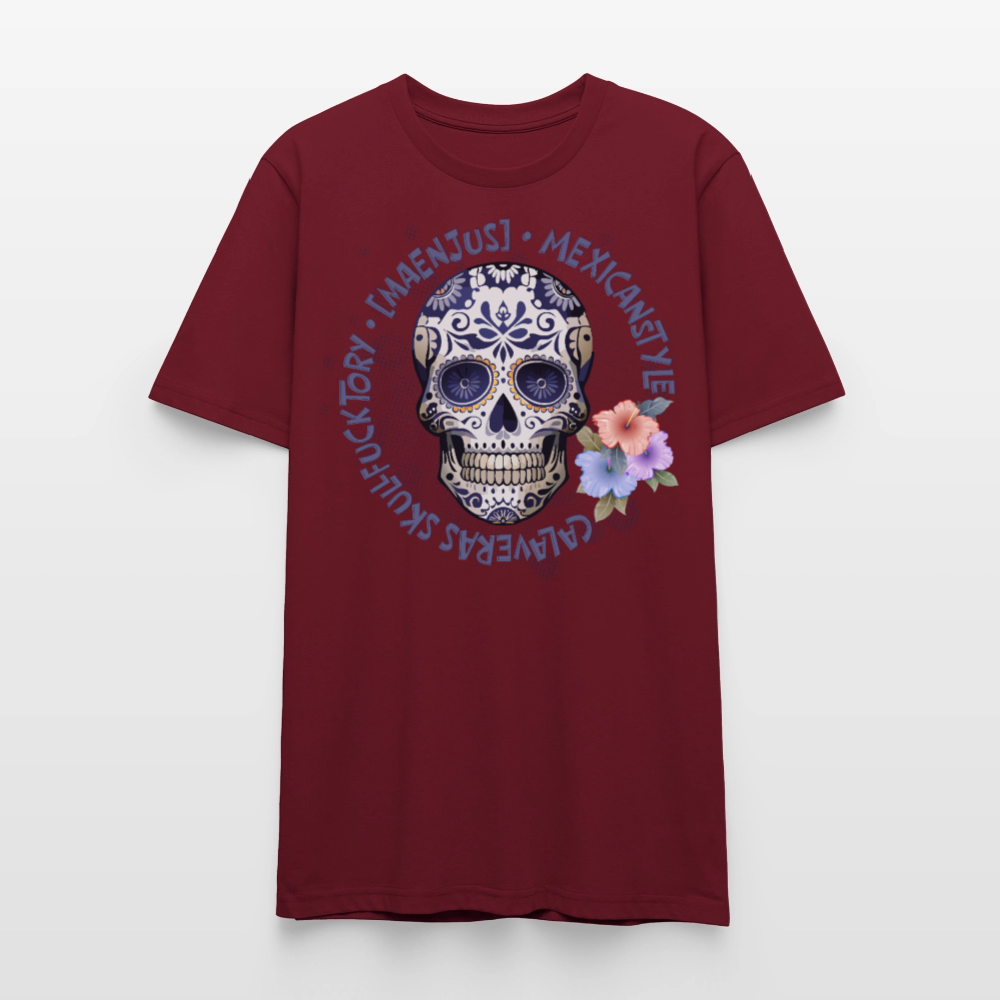 Unisex T-Shirt mit MAENJUS MEXICANSTYLE PRINT Vorderseite - Burgunderrot