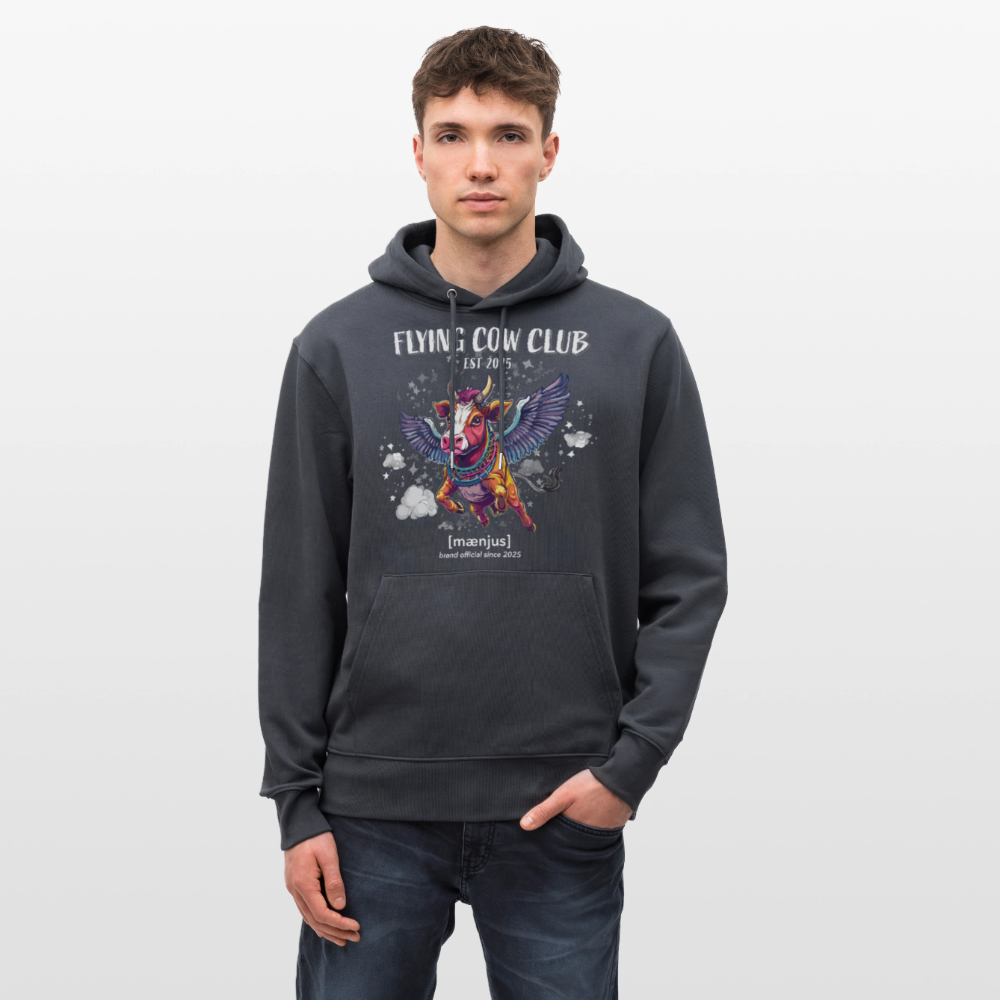 Unisex Bio-Hoodie mit FLYING COW CLUB PRINT Vorderseite - Indigoblau