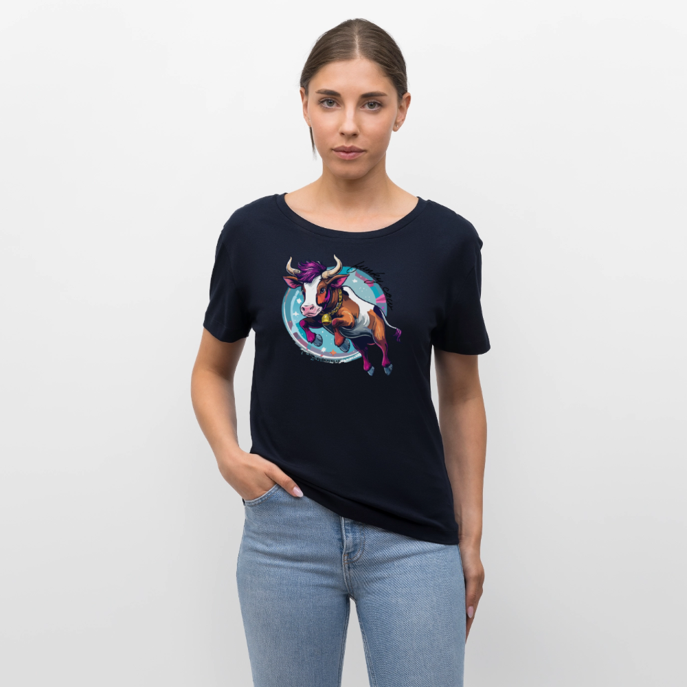 Frauen T-Shirt mit FUNKY COW PRINT - Navy