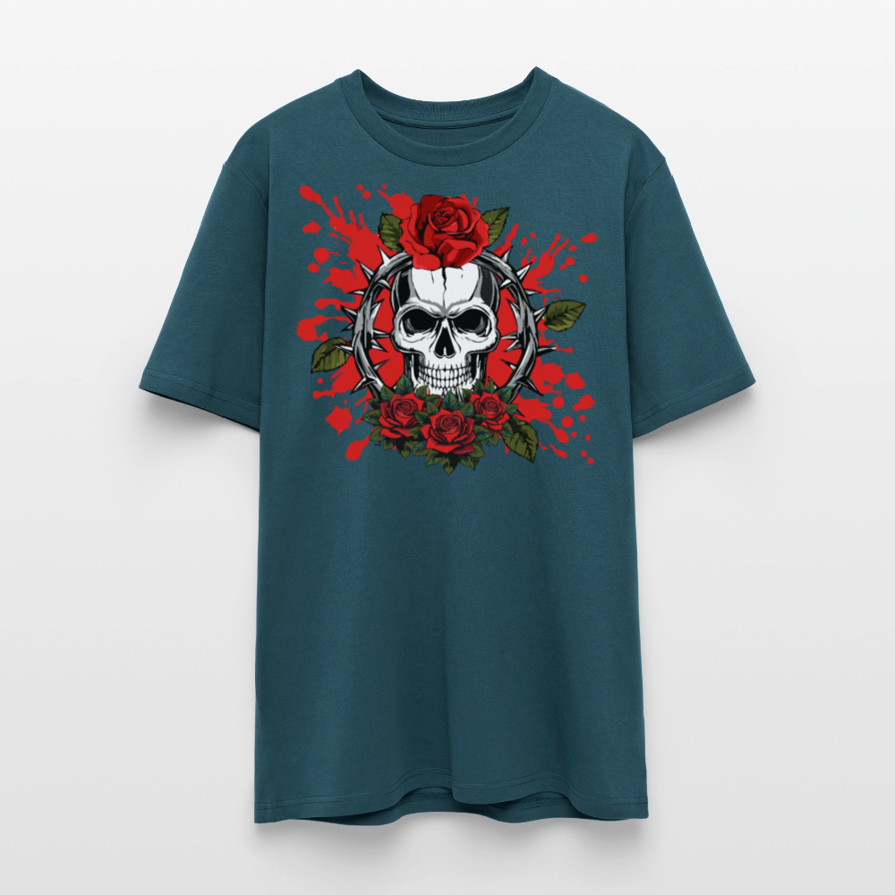 Unisex Bio-T-Shirt mit ROSEN SKULL PRINT Vorderseite - Dunkles Petrol