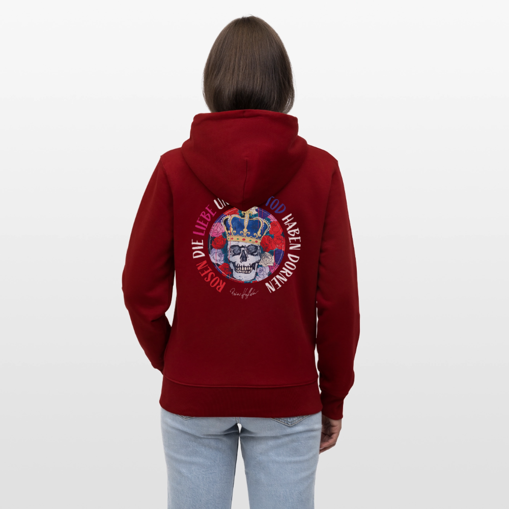 Unisex Bio-Kapuzenjacke mit ROSEN DIE LIEBE UND DER TOD HABEN DORNEN PRINT - Burgunderrot