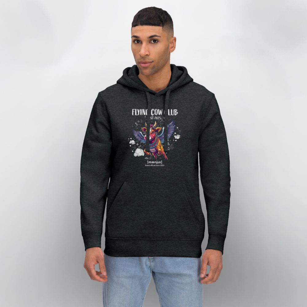 Unisex Bio-Hoodie mit FLYING COW CLUB PRINT Vorderseite - Dunkelgrau meliert