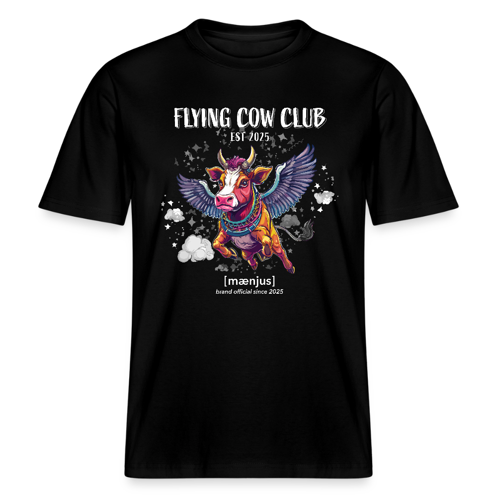 Unisex Bio-T-Shirt mit FLYING COW CLUB PRINT Vorderseite - Schwarz