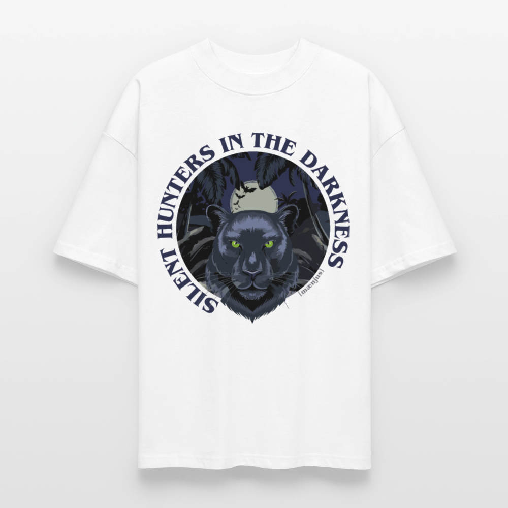 Oversized Unisex Bio T-Shirt mit SILENT HUNTERS IN THE DARKNESS PRINT Vorderseite - Weiß