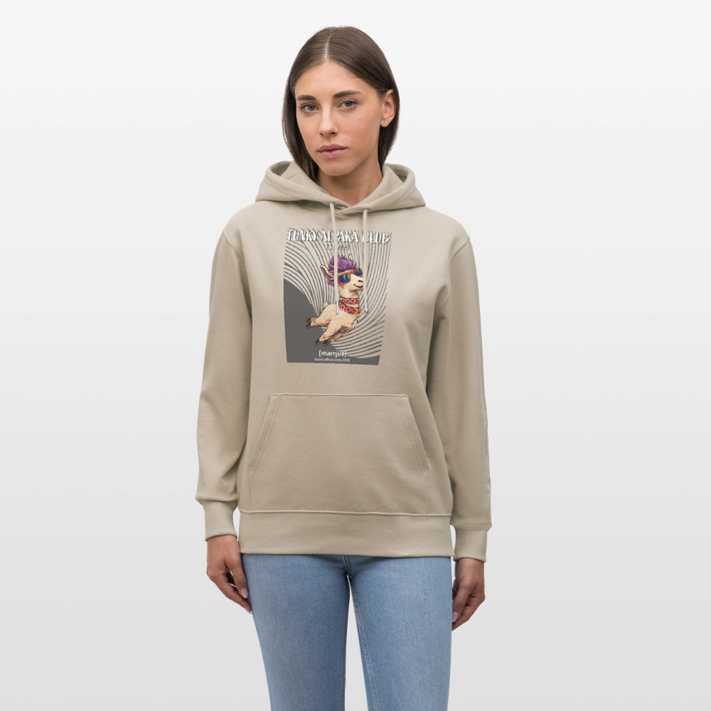Unisex Bio-Hoodie mit FUNKY ALPAKA CLUB PRINT Vorderseite - Beige