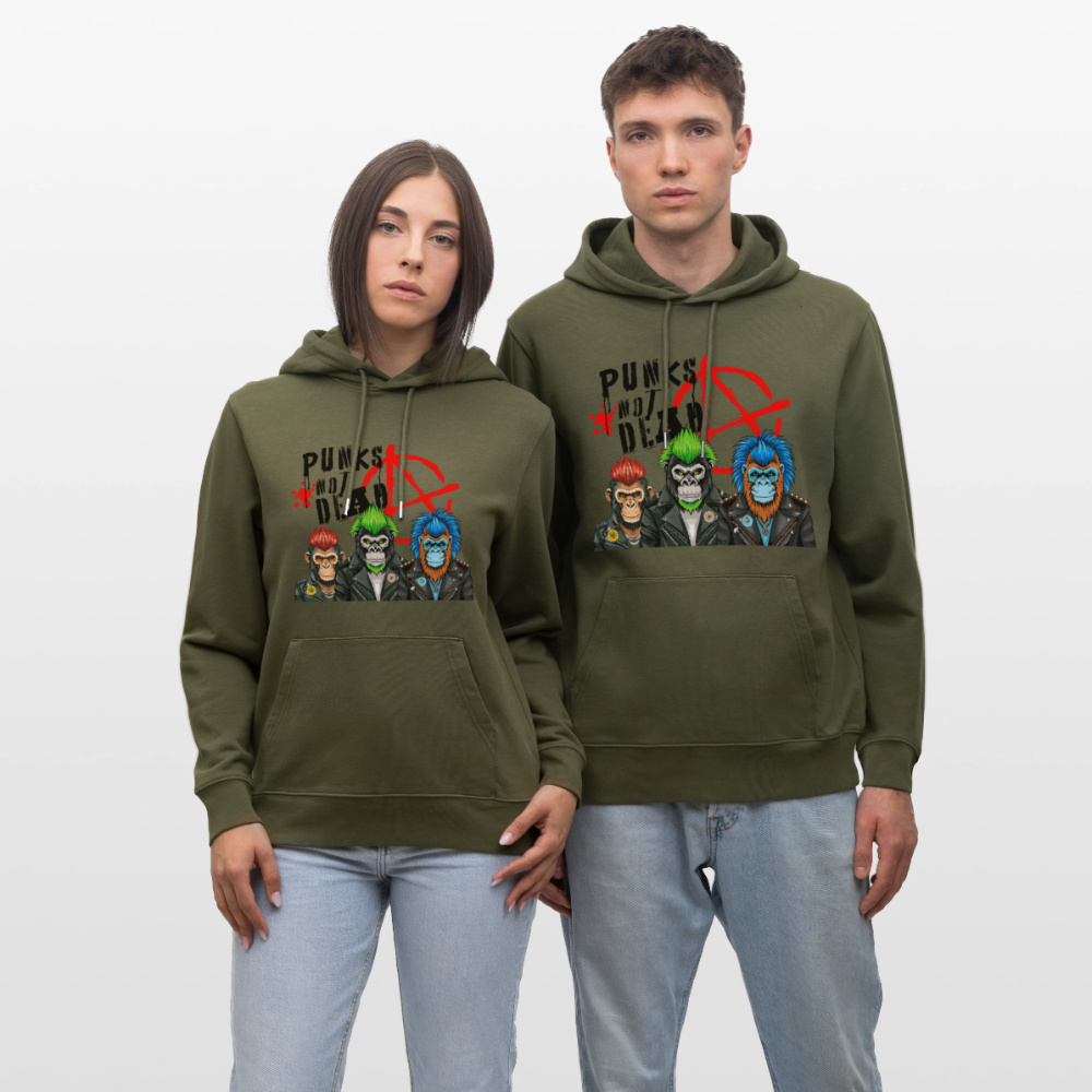 Unisex Hoodie mit PUNKS NOT DEAD PRINT - Khaki Grün