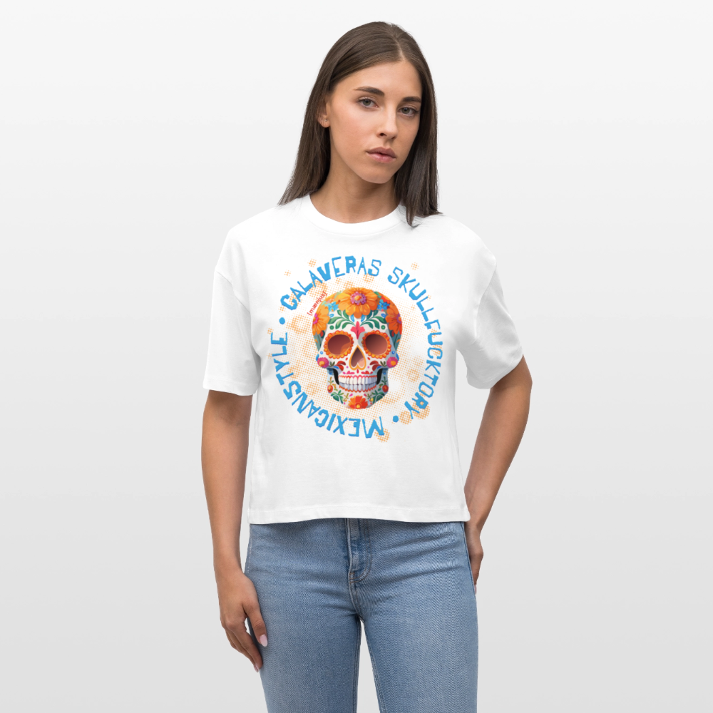 Frauen Boxy Bio-T-Shirt mit CALAVERAS SKULL PRINT - Weiß