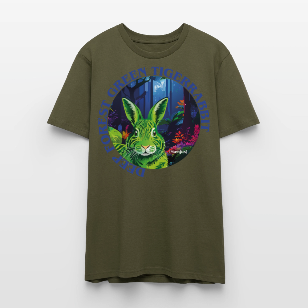 Unisex T-Shirt mit DEEP FOREST GREEN TIGERRABBIT PRINT Vorderseite - Khaki
