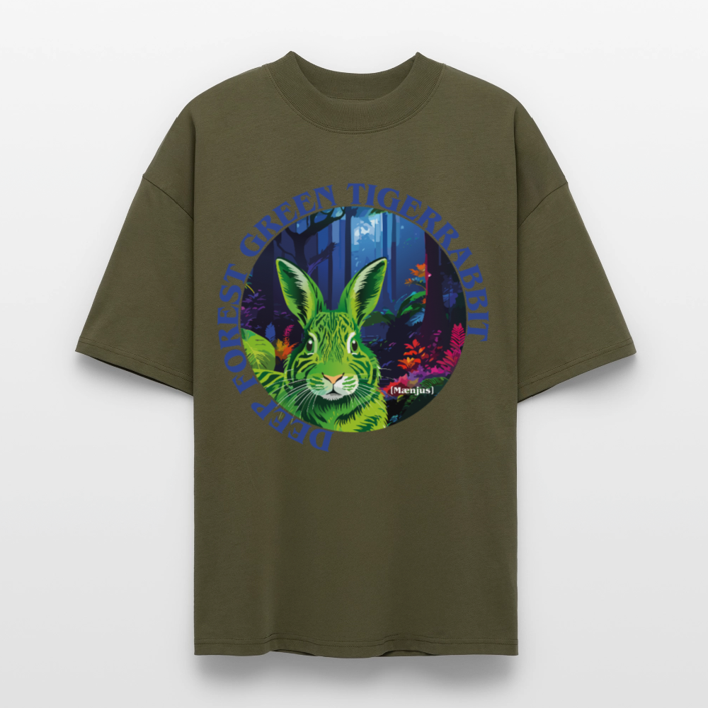 Oversized Unisex T-Shirt mit DEEP FOREST GREEN TIGERRABBIT PRINT Vorderseite - Khaki