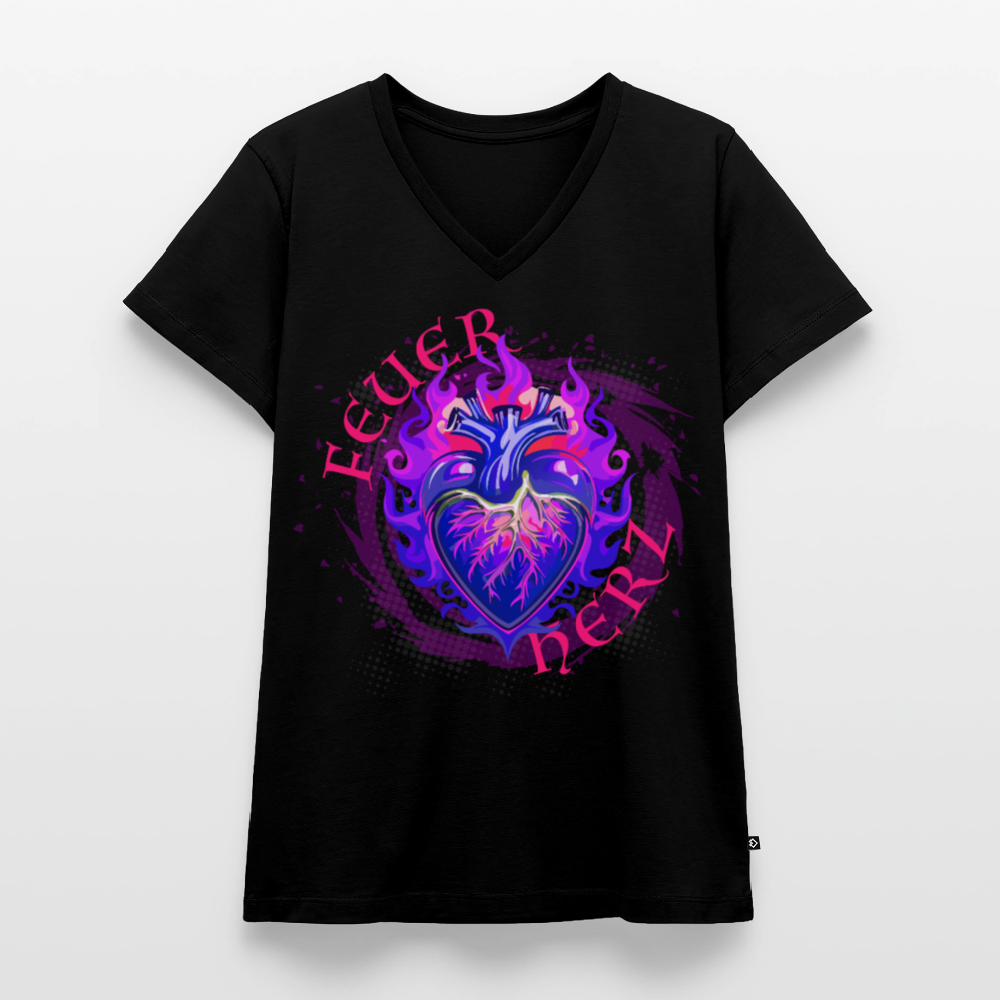 Frauen Bio-T-Shirt mit V-Ausschnitt mit FEUERHERZ LILA PRINT - Schwarz