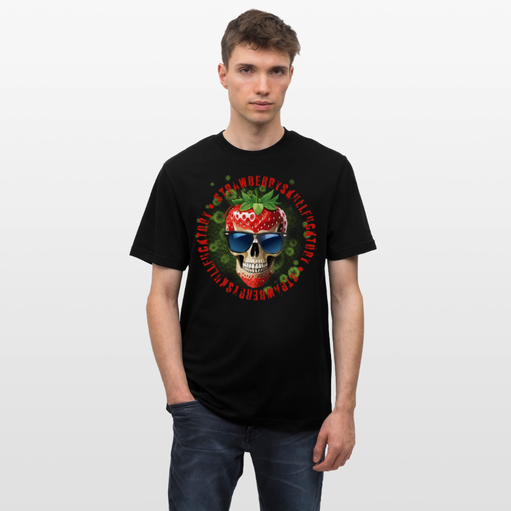 Relaxed Fit Unisex Bio-T-Shirt mit STRAWBERRY SKULL PRINT Vorderseite - Schwarz