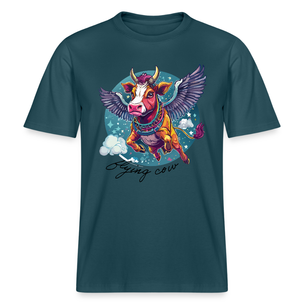 Relaxed Fit Unisex Bio-T-Shirt mit FLYING COW PRINT Vorderseite - Dunkles Petrol