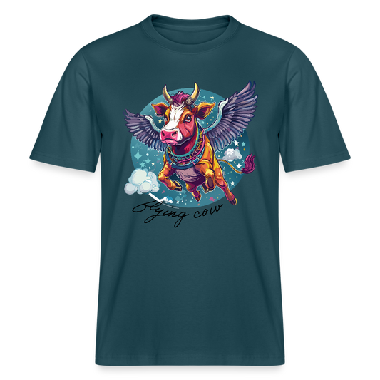 Relaxed Fit Unisex Bio-T-Shirt mit FLYING COW PRINT Vorderseite - Dunkles Petrol