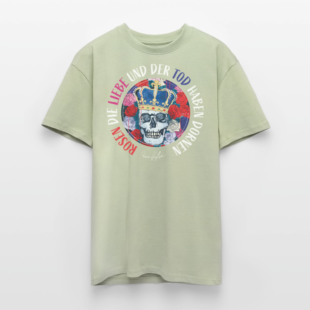 Heavy Oversize T-Shirt mit ROSEN DIE LIEBE UND DER TOD HABEN DORNEN PRINT - Leichtes Salbeigrün