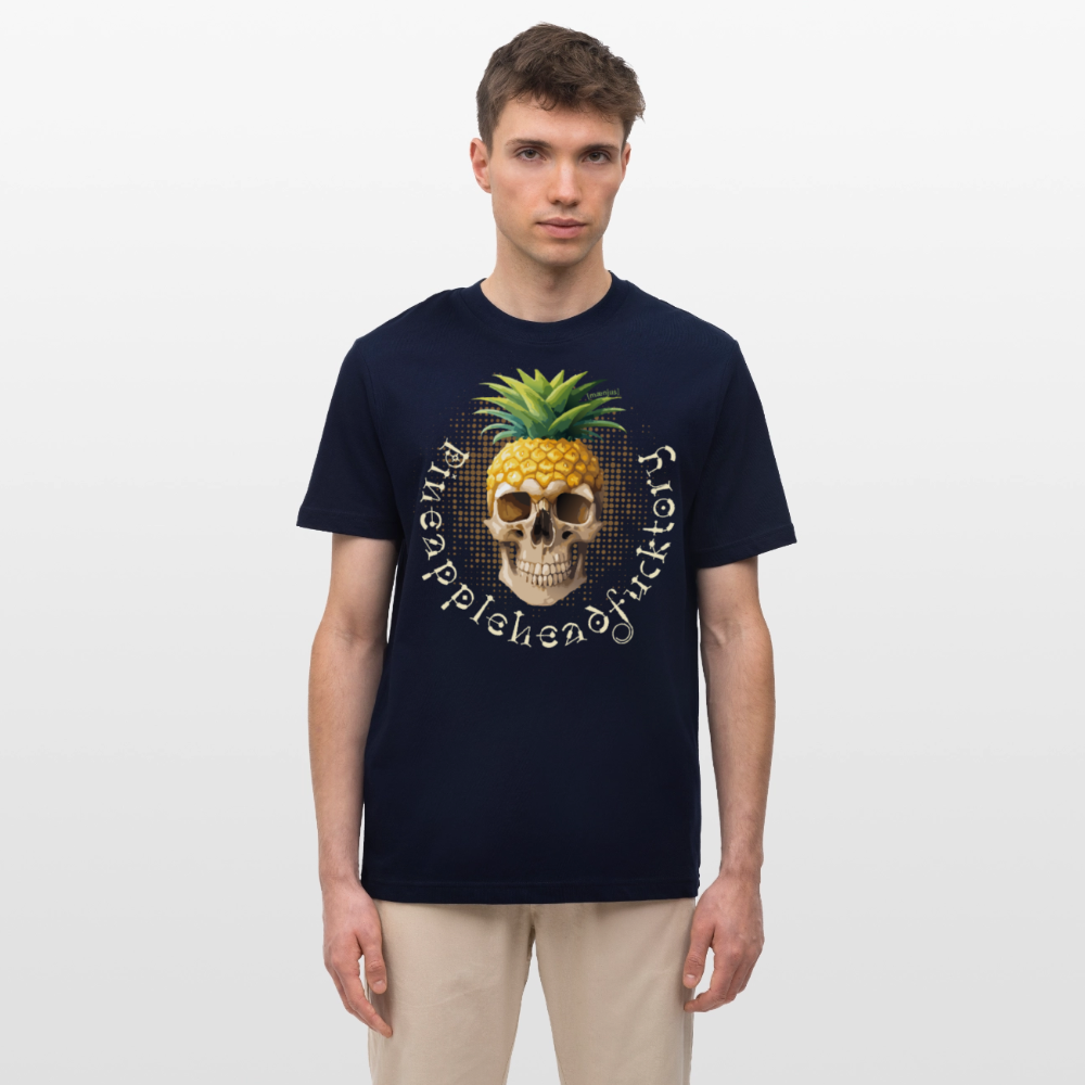 Relaxed Fit Unisex Bio-T-Shirt mit PINEAPPLE SKULL PRINT Vorderseite - Navy