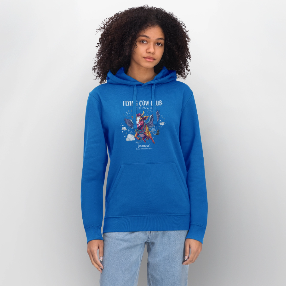 Unisex Bio-Hoodie mit FLYING COW CLUB PRINT Vorderseite - Königsblau