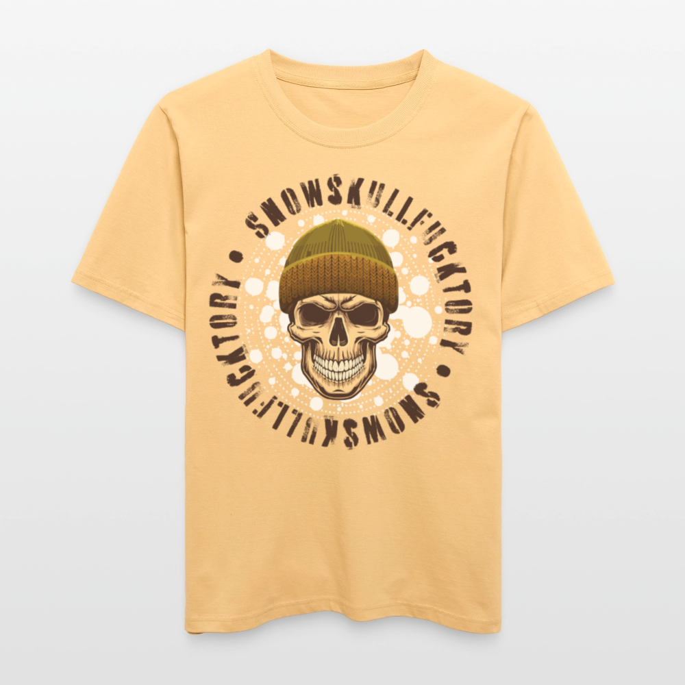 Relaxed Fit Unisex Bio-T-Shirt mit SNOWSKULL FUCKTORY PRINT Vorderseite - Hellgelb