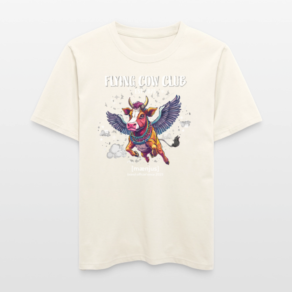 Unisex Bio-T-Shirt mit FLYING COW CLUB PRINT Vorderseite - Naturweiß