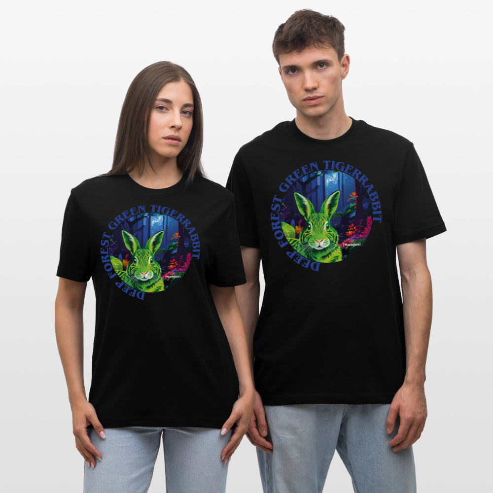 Relaxed Fit Unisex Bio-T-Shirt mit DEEP FOREST GREEN TIGERRABBIT PRINT Vorderseite - Schwarz