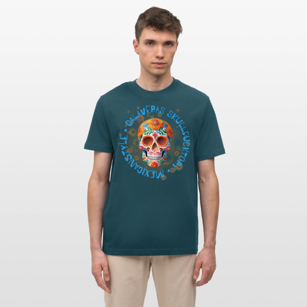 Relaxed Fit Unisex Bio-T-Shirt mit CALAVERAS MEXICANSTYLE PRINT Vorderseite - Dunkles Petrol