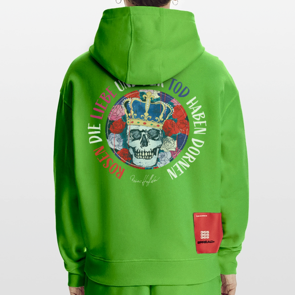 Heavyweight Oversized Organic Hoodie mit ROSEN DIE LIEBE UN DER TOD HABEN DORNEN PRINT - Apple Neon