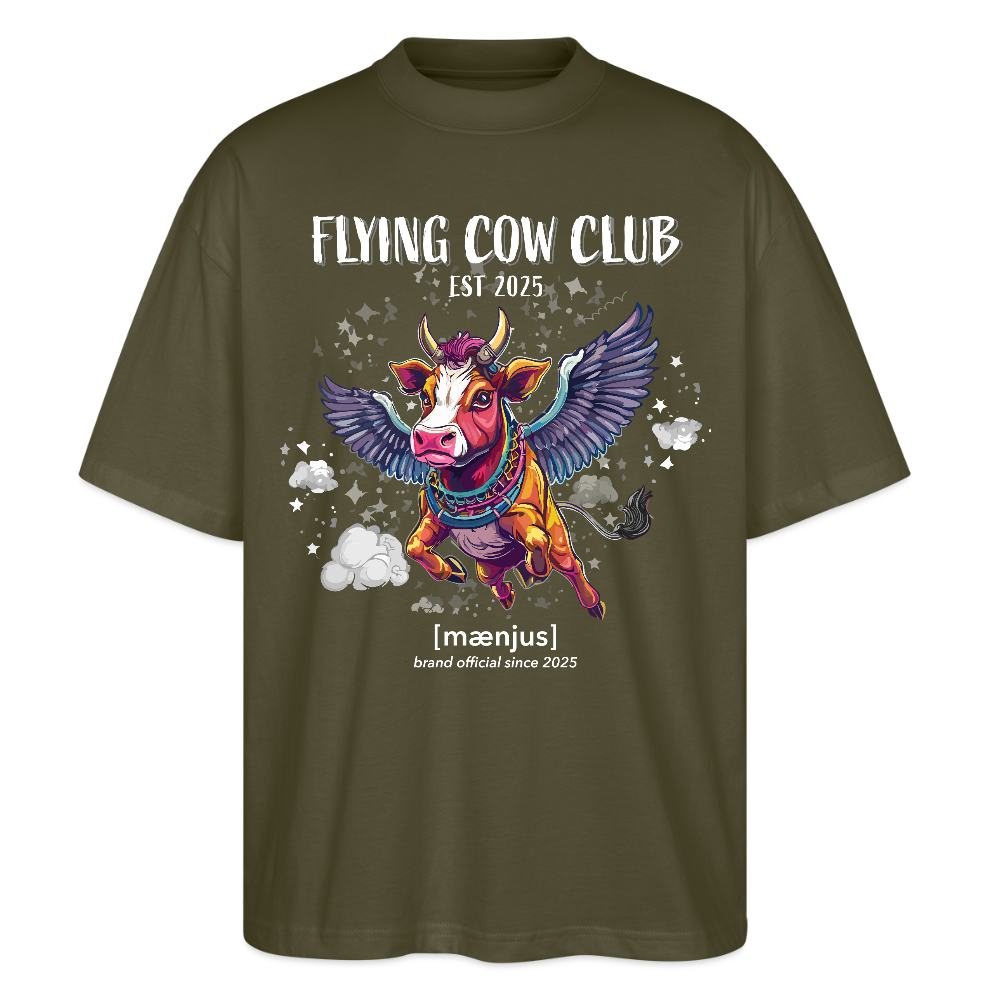 Oversized Unisex Bio T-Shirt mit FLYING COW CLUB PRINT Vorderseite - Khaki