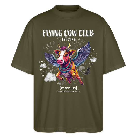 Oversized Unisex Bio T-Shirt mit FLYING COW CLUB PRINT Vorderseite - Khaki
