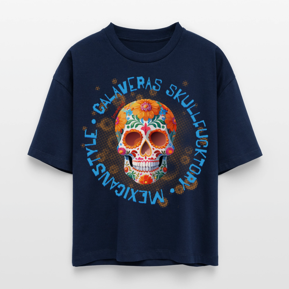 Frauen Boxy Bio-T-Shirt mit CALAVERAS SKULL PRINT - Navy