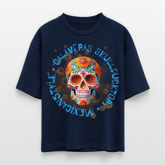 Frauen Boxy Bio-T-Shirt mit CALAVERAS SKULL PRINT - Navy