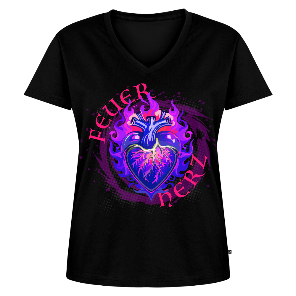 Frauen Bio-T-Shirt mit V-Ausschnitt mit FEUERHERZ LILA PRINT - Schwarz