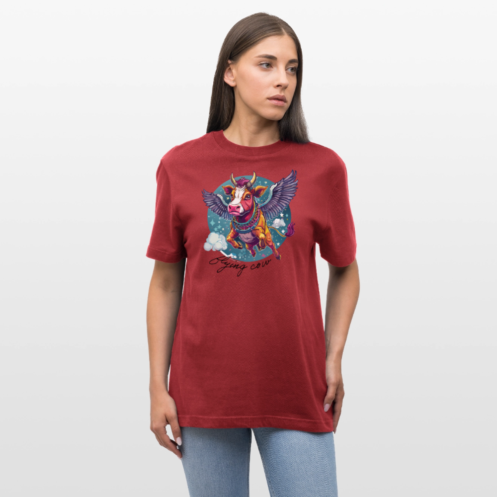 Relaxed Fit Unisex Bio-T-Shirt mit FLYING COW PRINT Vorderseite - Erdrot