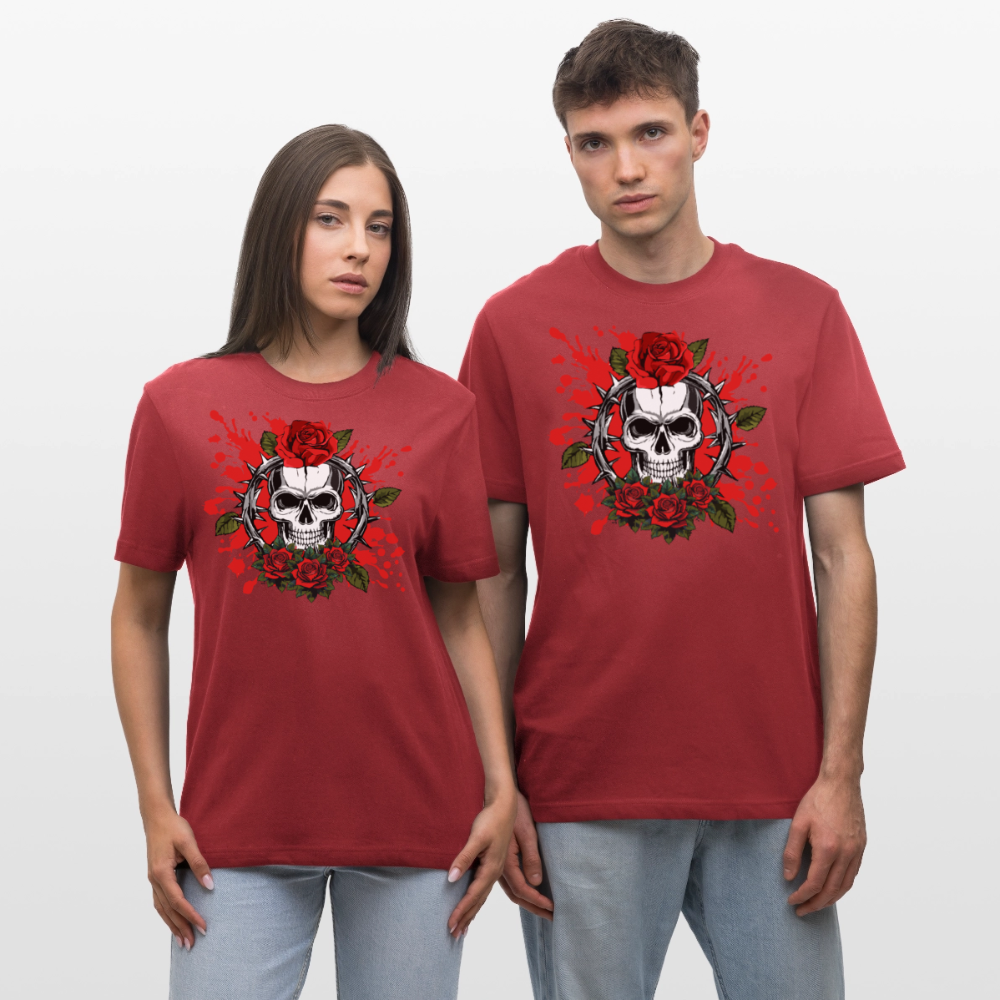 Relaxed Fit Unisex Bio-T-Shirt mit  ROSEN SKULL PRINT Vorderseite - Erdrot