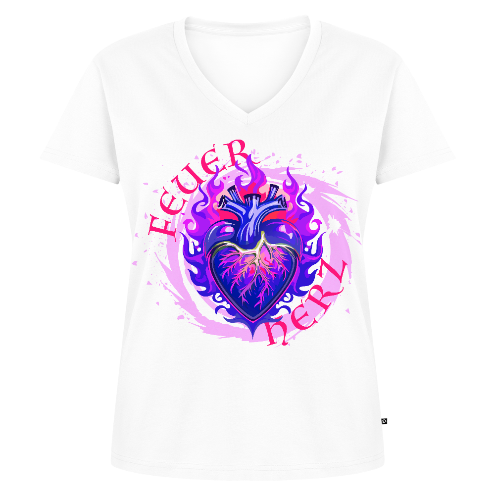 Frauen Bio-T-Shirt mit V-Ausschnitt mit FEUERHERZ LILA PRINT - Weiß