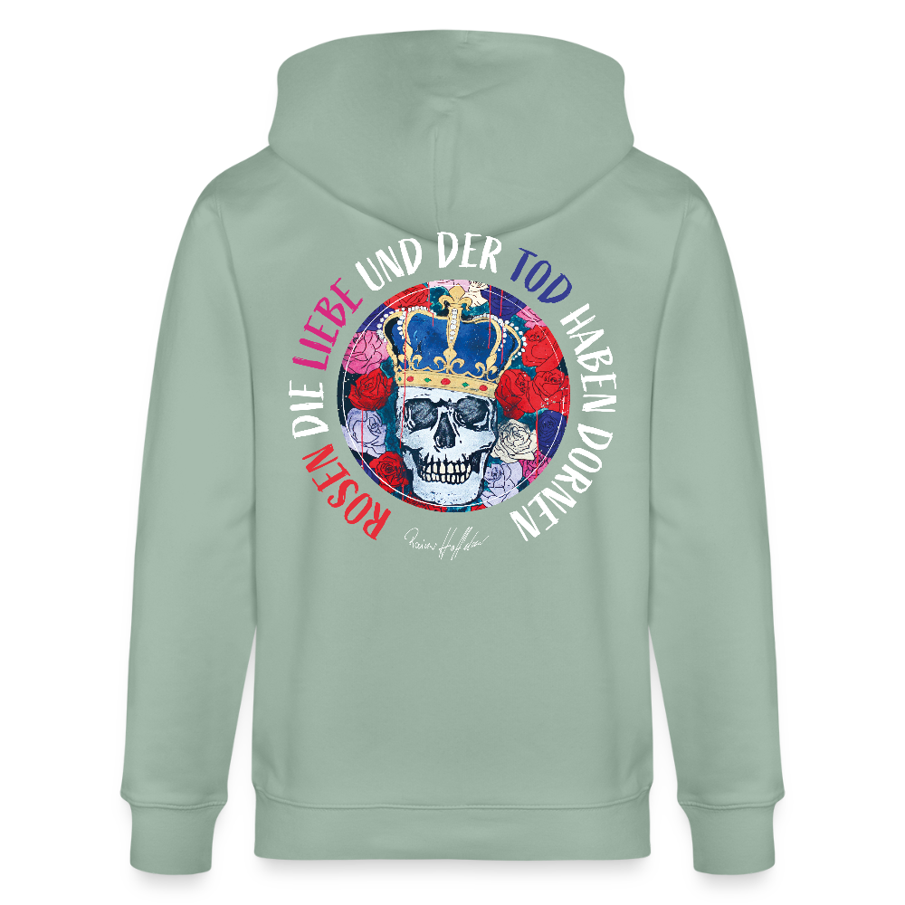 Unisex Bio-Kapuzenjacke mit ROSEN DIE LIEBE UND DER TOD HABEN DORNEN PRINT - Helles Graugrün