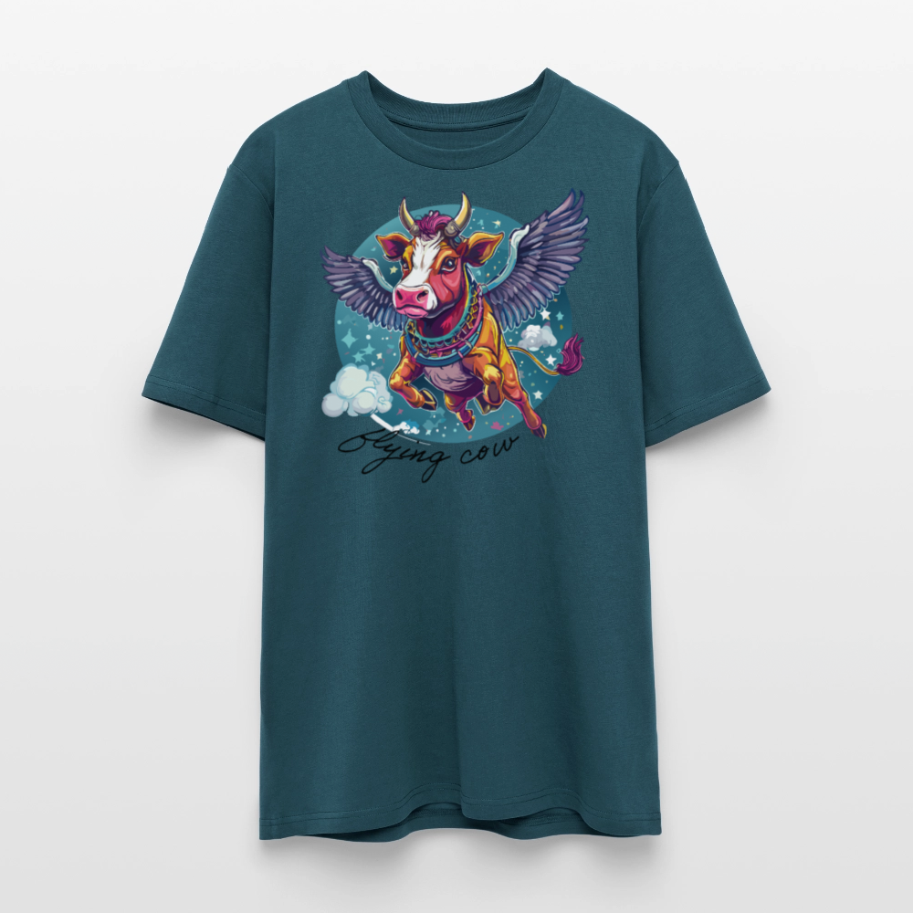 Unisex Bio-T-Shirt mit Flying Cow Print Vorderseite - Dunkles Petrol