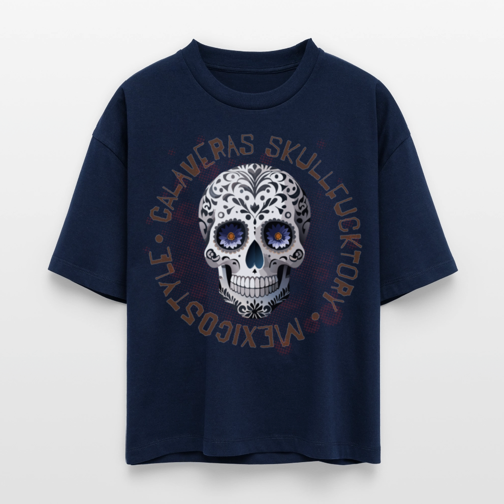 Frauen Boxy Bio-T-Shirt mit CALAVERAS SKULL PRINT - Navy