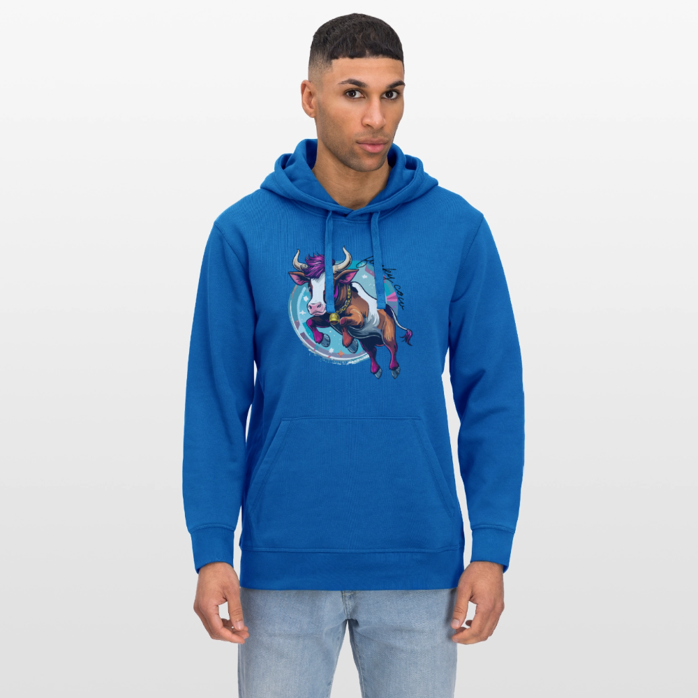 Unisex Bio-Hoodie mit FUNKY COW PRINT Vorderseite - Königsblau