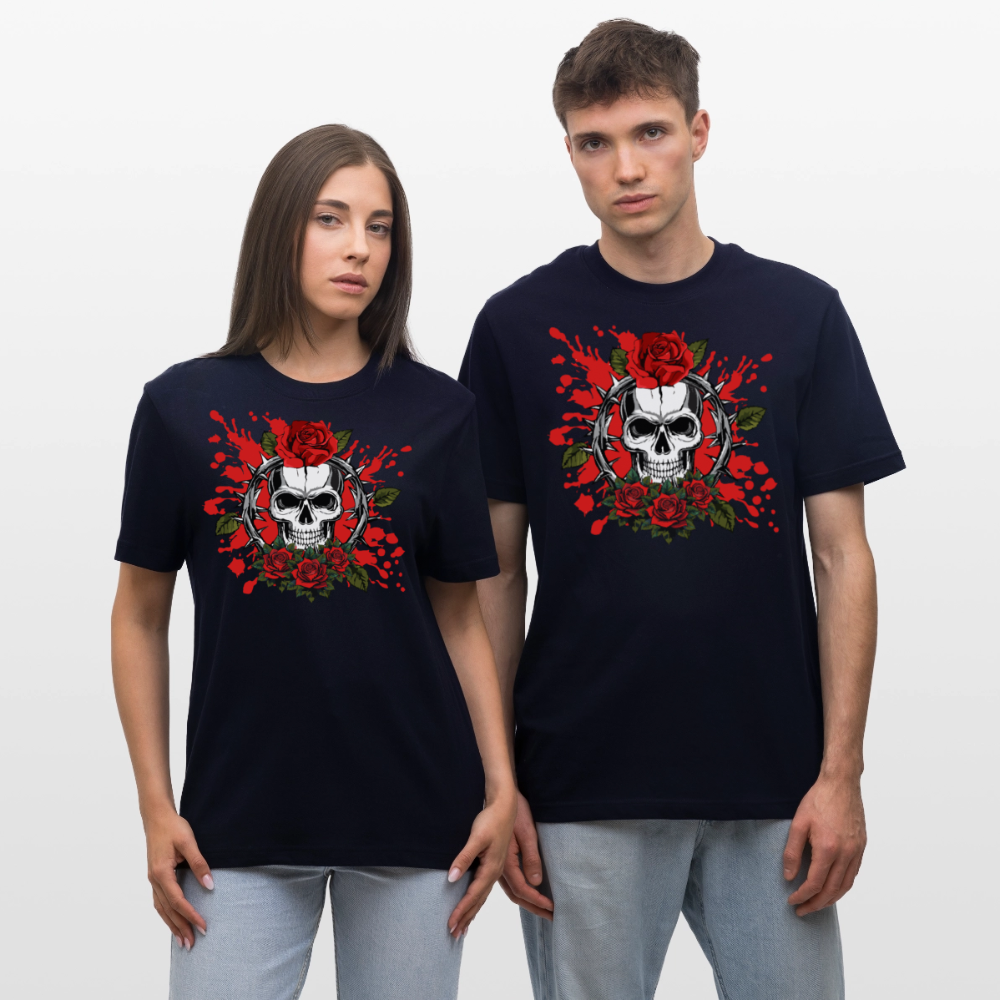 Relaxed Fit Unisex Bio-T-Shirt mit ROSEN SKULL PRINT Vorderseite - Navy