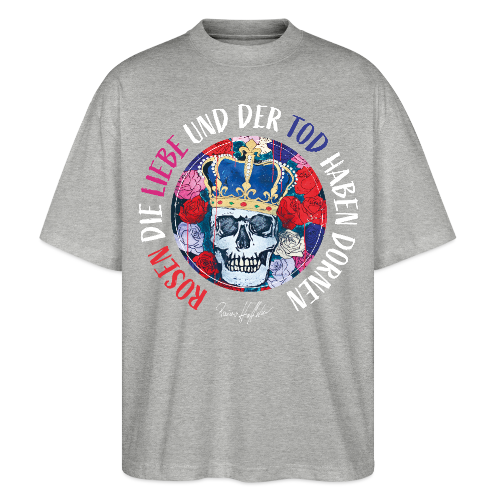 Oversized Unisex T-Shirt mit ROSEN DIE LIEBE UND DER TOD HABEN DORNEN PRINT - Grau meliert
