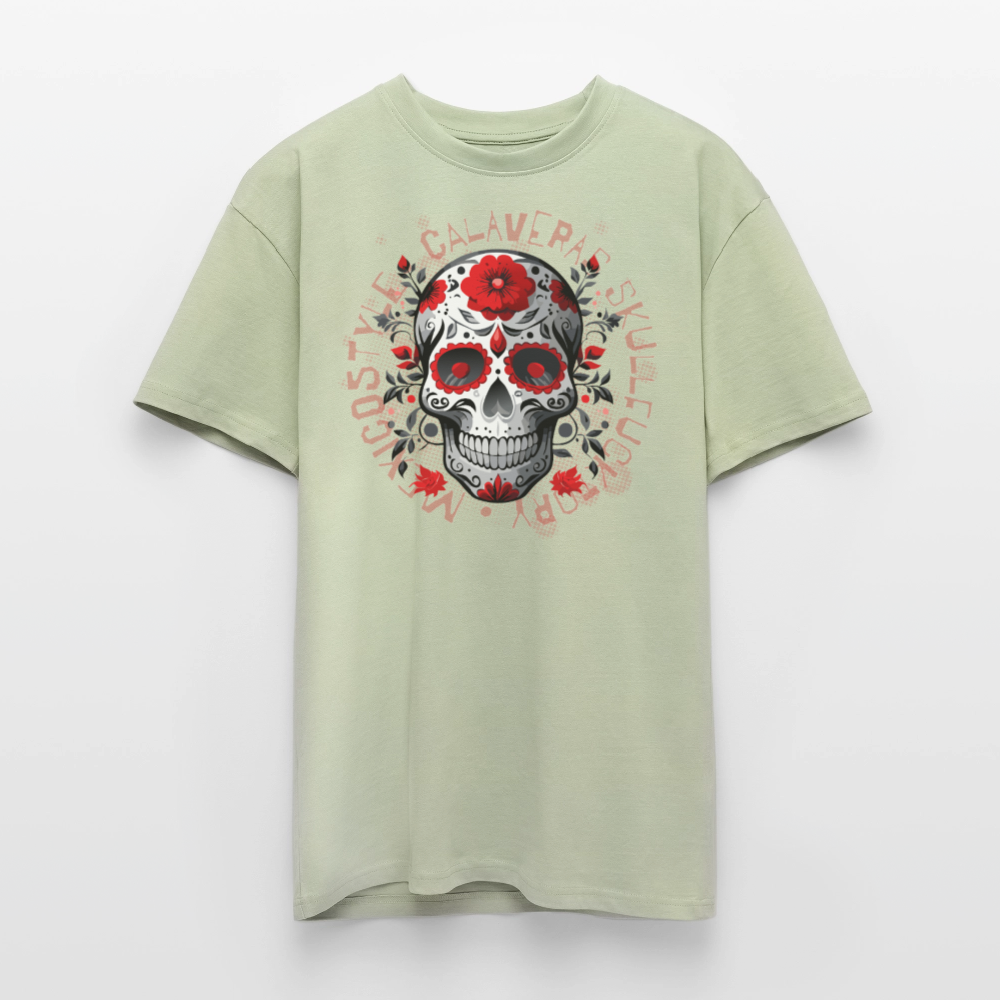 Heavy Oversize T-Shirt mit CALAVERAS SKULL PRINT Vorderseite - Leichtes Salbeigrün
