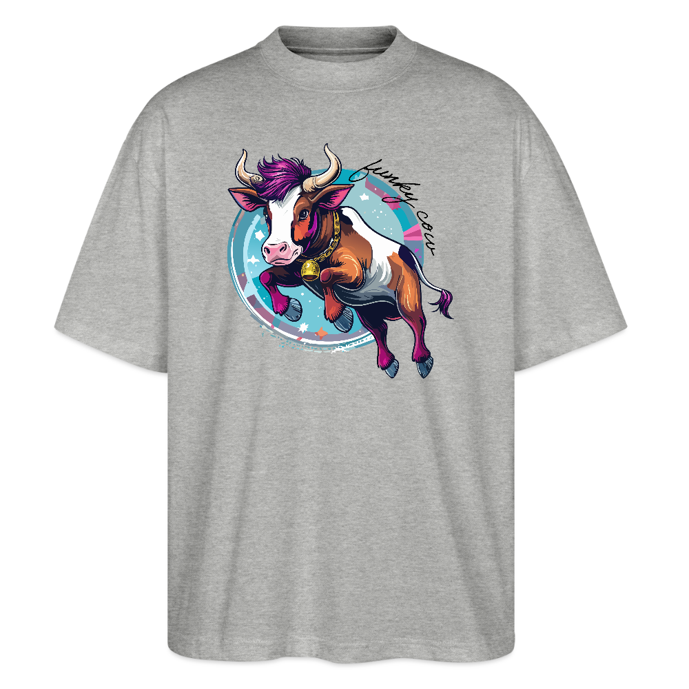 Oversized Unisex T-Shirt mit FUNKY COW PRINT - Grau meliert