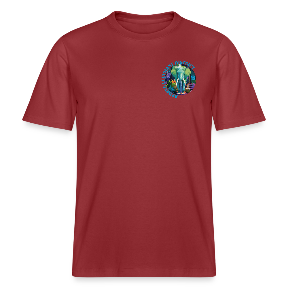 Relaxed Fit Unisex Bio-T-Shirt mit REDEYE ELEPHANT DISTRICT PRINT Vorder- und Rückseite - Erdrot