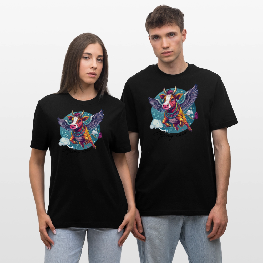 Relaxed Fit Unisex Bio-T-Shirt mit FLYING COW PRINT Vorderseite - Schwarz