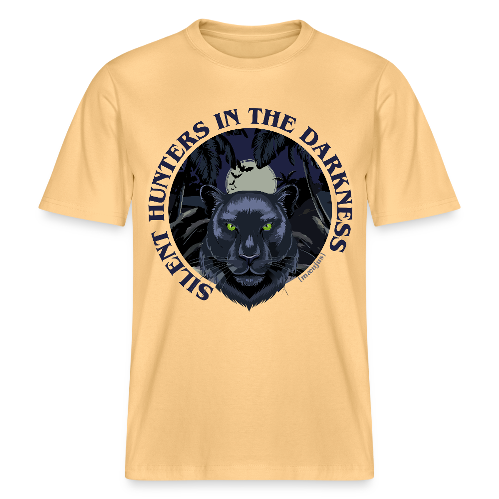 Relaxed Fit Unisex Bio-T-Shirt mit SILENT HUNTERS IN THE DARKNESS PRINT Vorderseite - Hellgelb