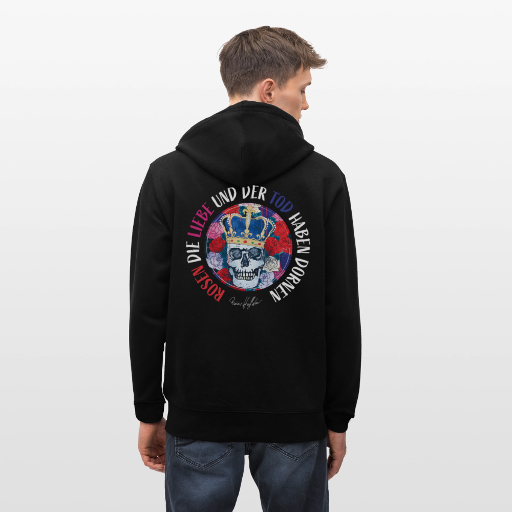 Unisex Bio-Kapuzenjacke mit ROSEN DIE LIEBE UND DER TOD HABEN DORNEN PRINT - Schwarz